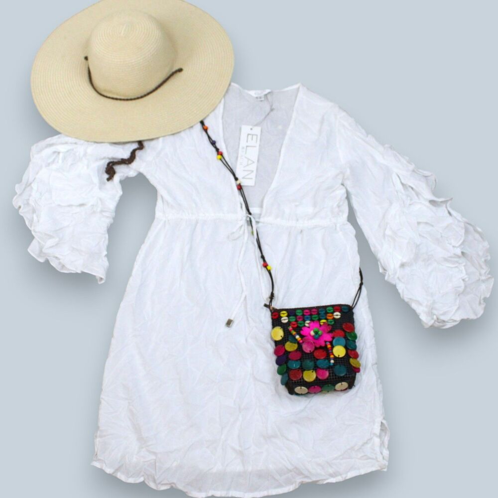 Elan NWT White Crinkle Beach Cover Up Tunic Dress Boho Resort Swim Cover Size S - Picture 2 of 8